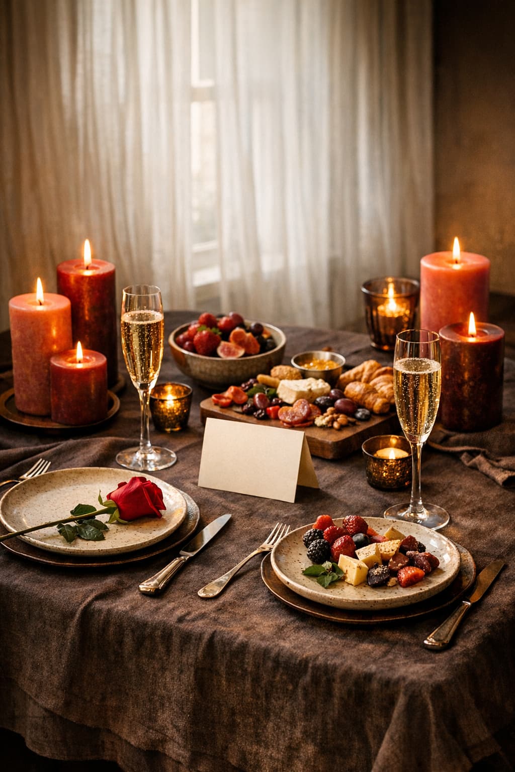 A luxurious private Sunday morning dining table set for two with candles, champagne, and rose accents in deep charcoal and crimson tones.