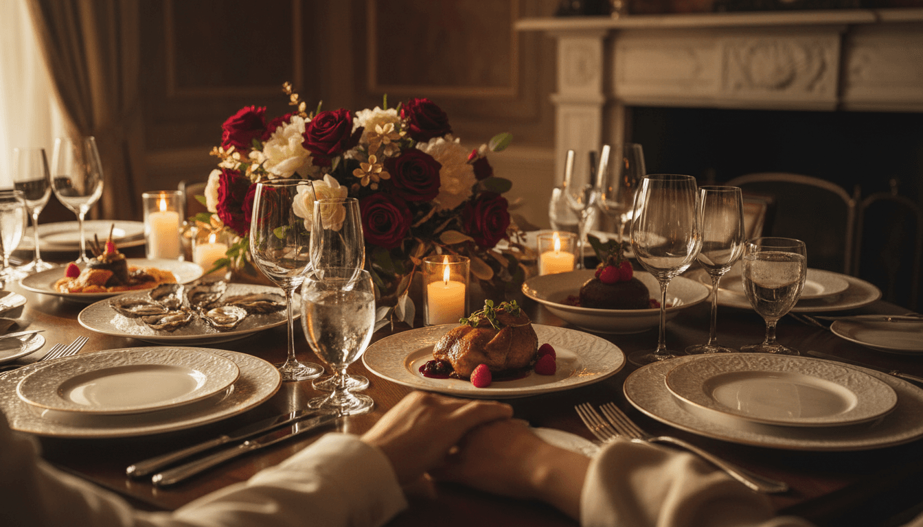Intimate candlelit dinner with aphrodisiac-inspired plated course and couple's hands in foreground