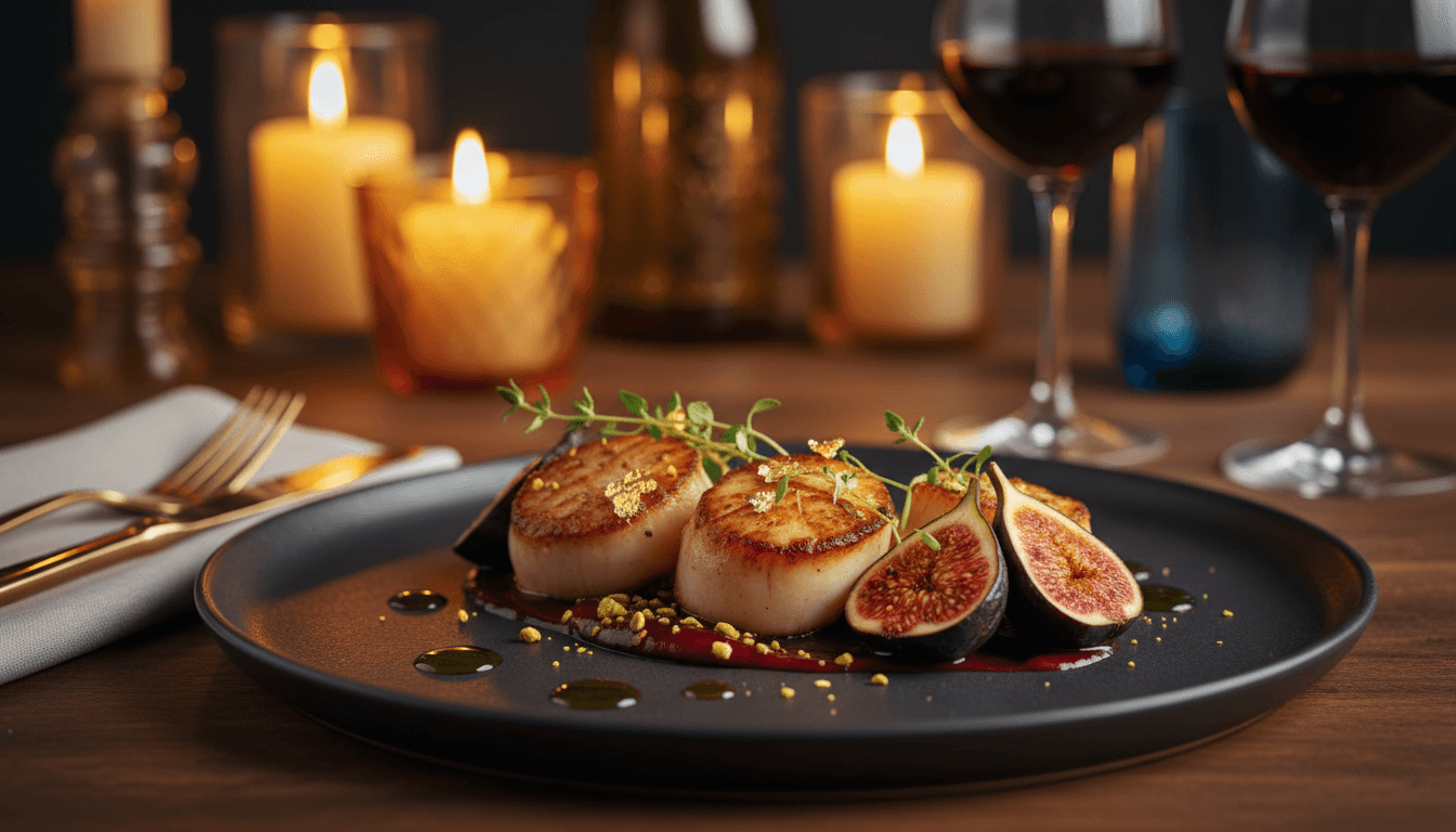 Elegantly plated aphrodisiac-inspired dish in candlelight with intimate dining ambiance
