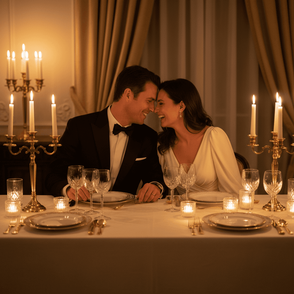 Affluent couple enjoying intimate conversation over candlelit dinner