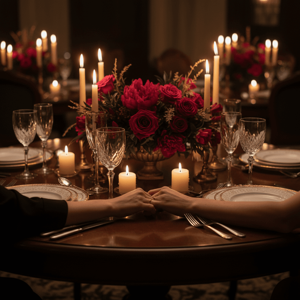 Intimate moment between couple at candlelit table