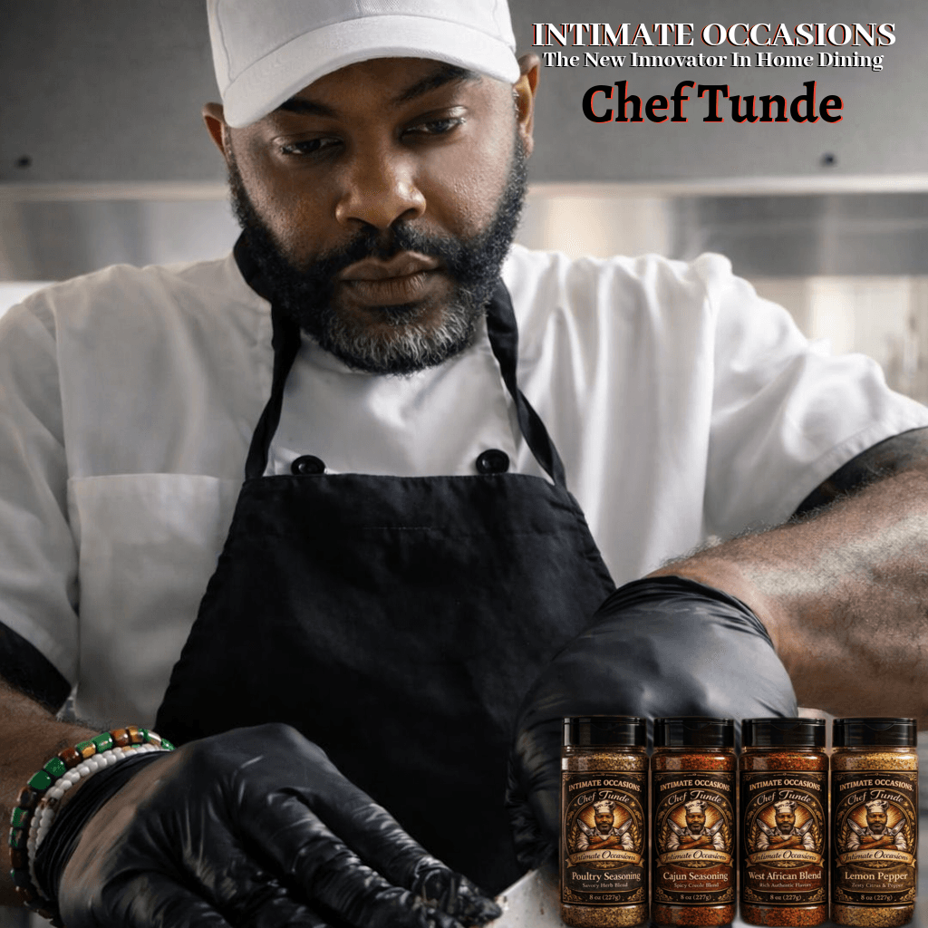 Chef Tunde in black gloves preparing food behind four jars of Intimate Occasions seasonings.