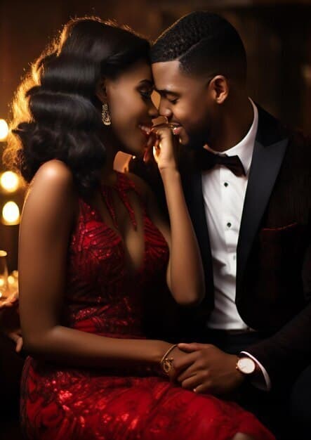Elegant Black couple in formal attire sharing a romantic moment with their foreheads touching.
