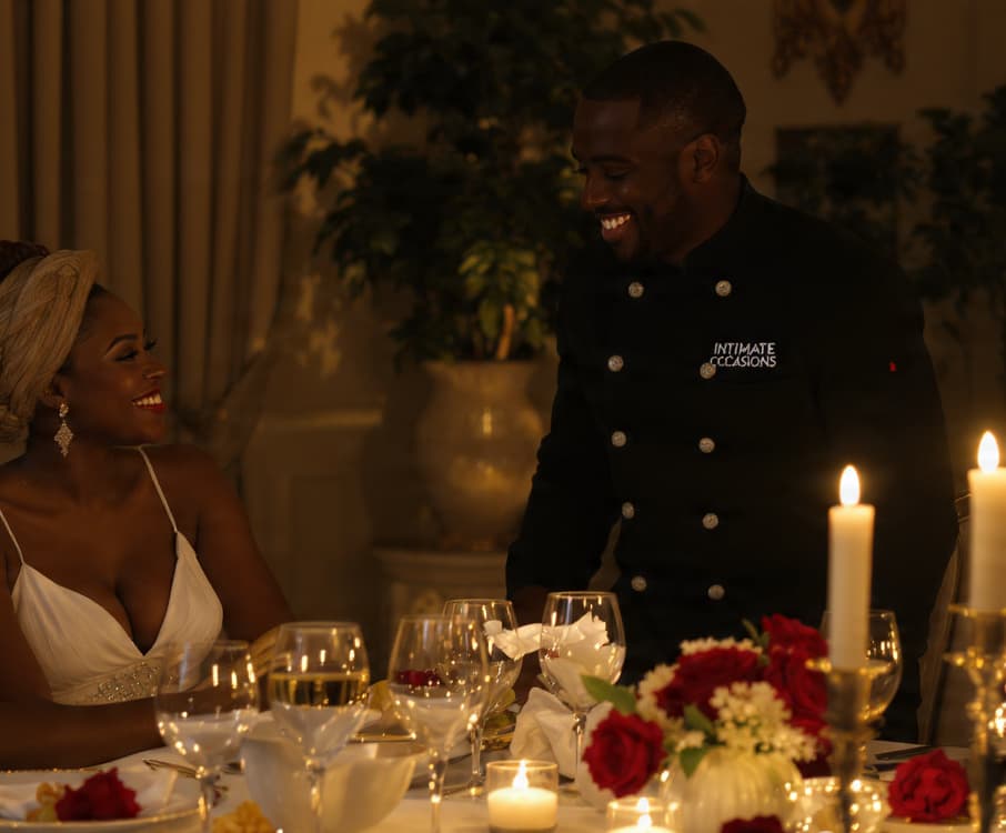 Smiling chef in black uniform serves a woman at a romantic candlelit dinner with roses.