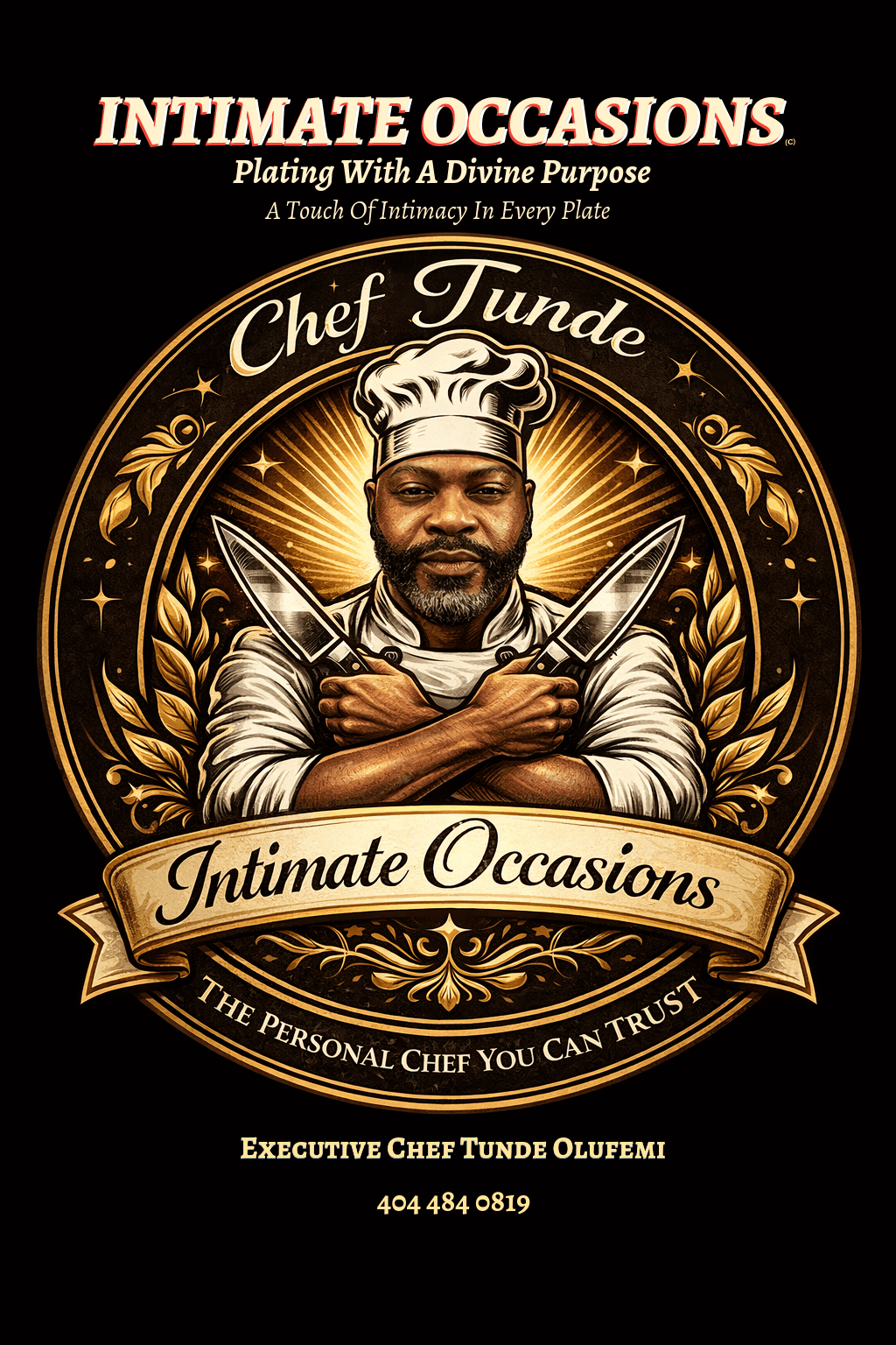 Intimate Occasions logo featuring Chef Tunde holding crossed knives in a gold circular emblem.
