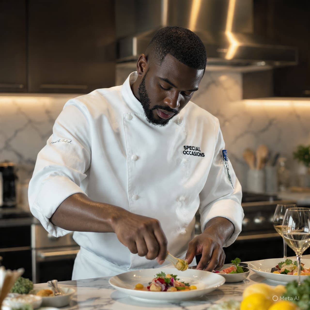 Black chef in a white coat meticulously plating a gourmet meal in a modern kitchen.