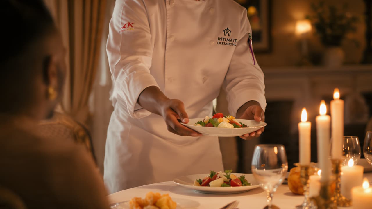 Chef in white uniform serving a fresh salad at an elegant, candlelit dining table.