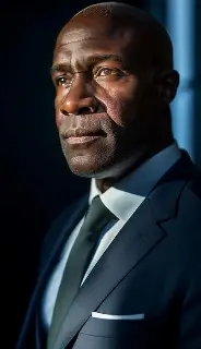 Distinguished bald Black man in a dark suit looking away with dramatic side lighting.