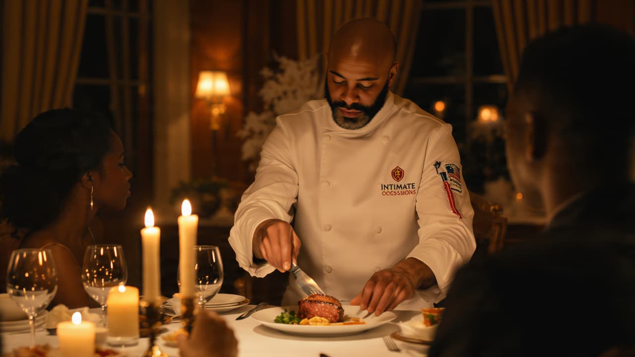 A chef in a white uniform carves steak at a candlelit dinner table for guests.