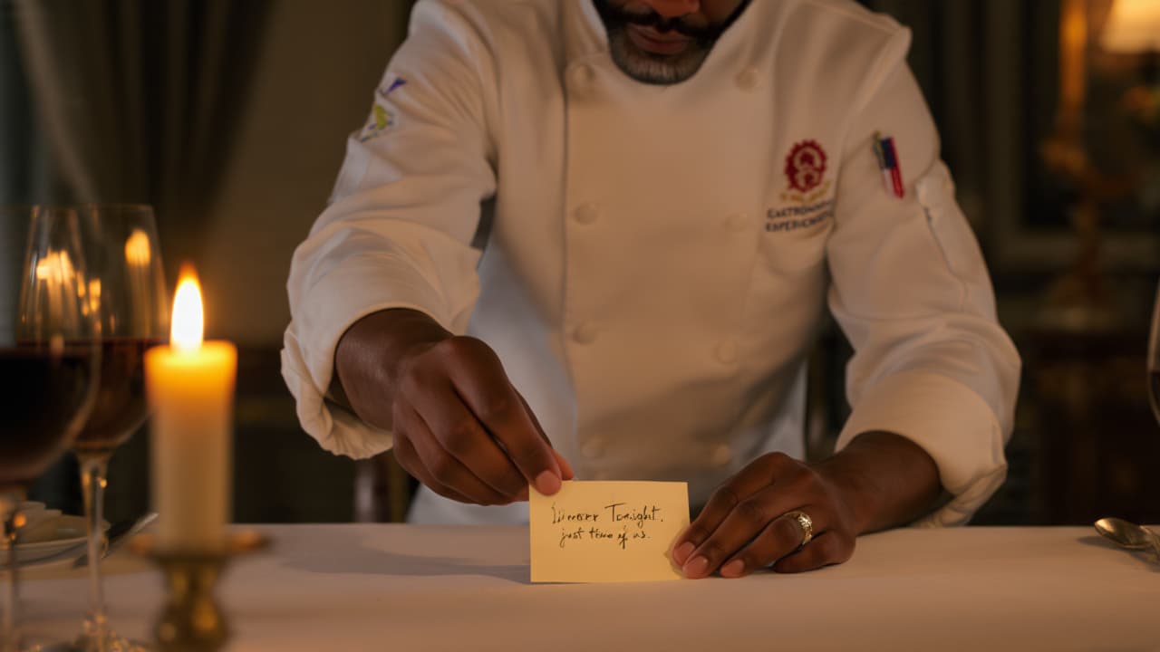 A chef in a white uniform places a handwritten note on a candlelit table.