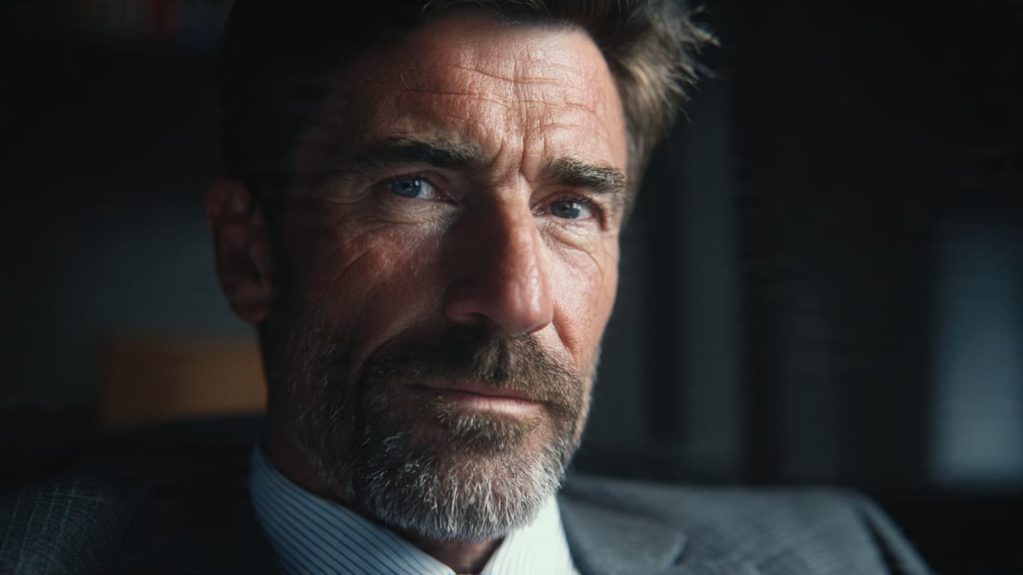 Close-up portrait of a serious middle-aged man with a beard and intense blue eyes.