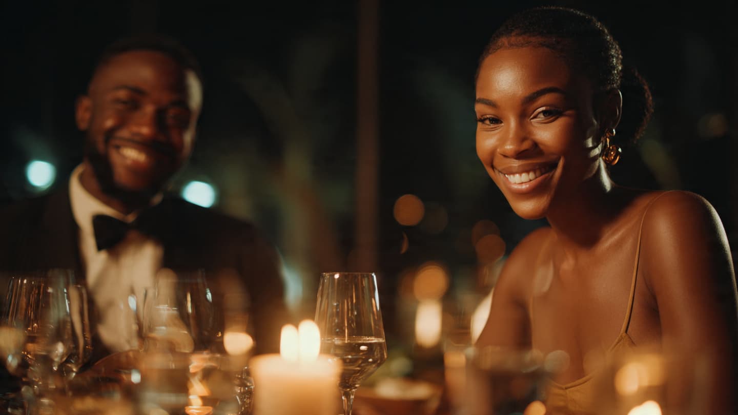 Smiling Black woman in a gold dress at a candlelit dinner with a tuxedoed man.