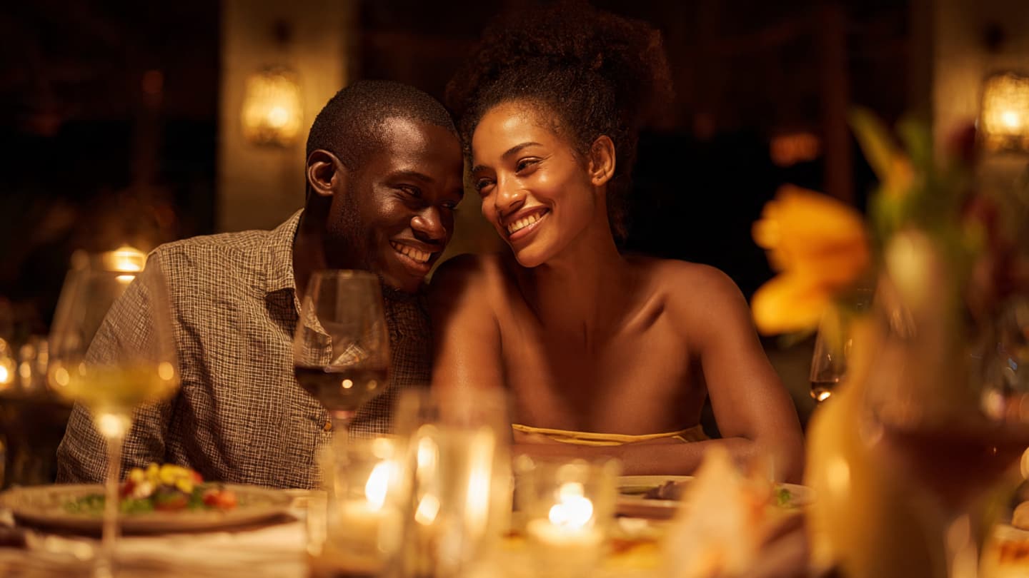 Smiling Black couple sharing a romantic candlelit dinner in a warm, dimly lit restaurant.
