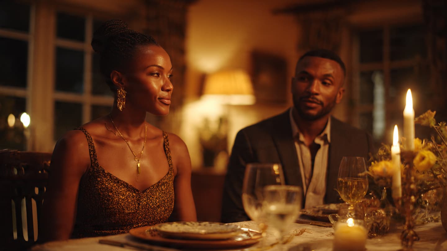 Elegant Black couple enjoying a romantic candlelit dinner in a warm, dimly lit room.