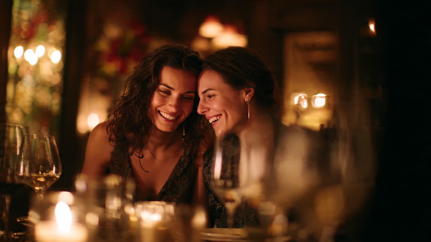 Two women laughing and leaning close together during a warm, candlelit dinner in a restaurant.