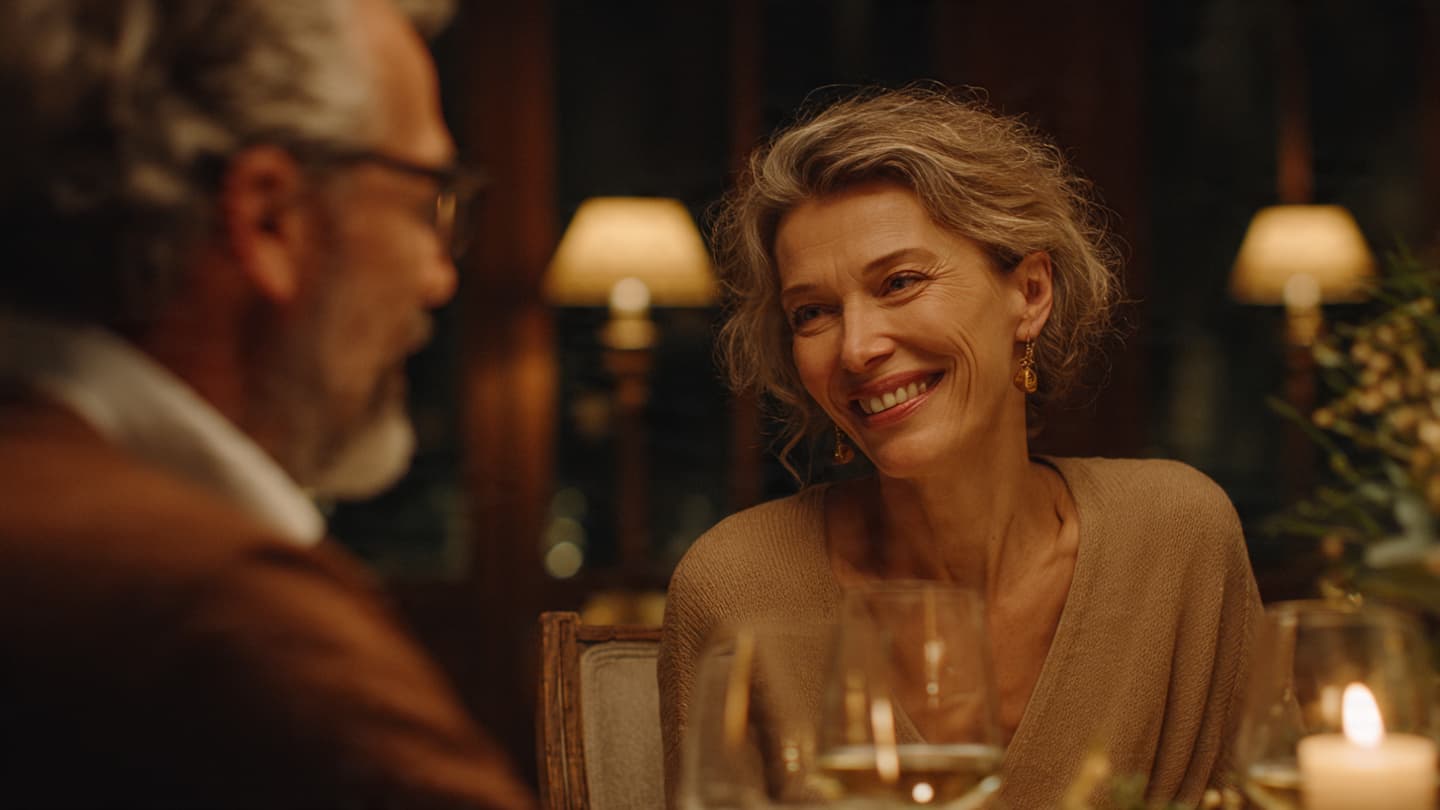 Smiling older woman with grey hair looks warmly at a man during a candlelit dinner.
