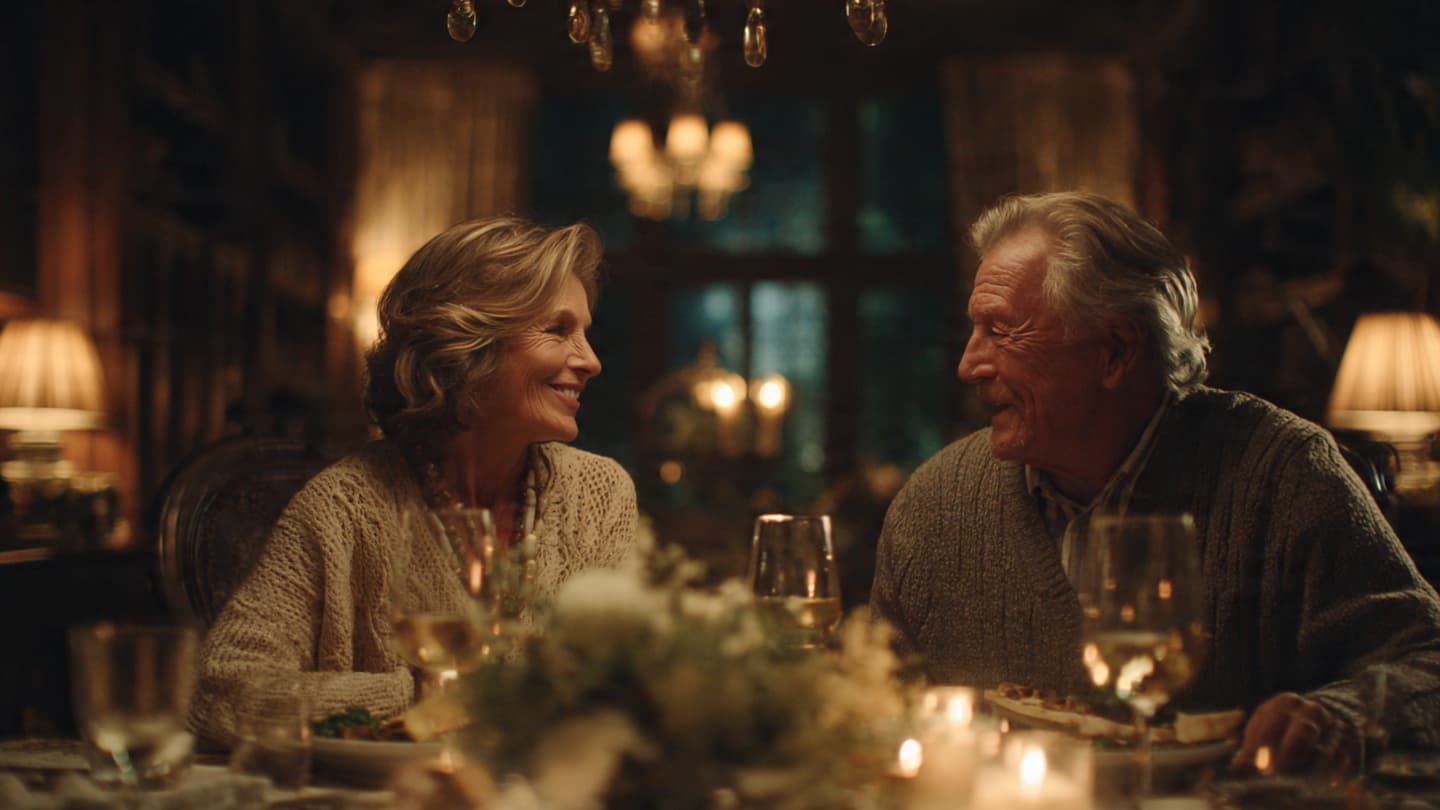 An elderly couple shares a romantic, candlelit dinner while smiling warmly at each other.