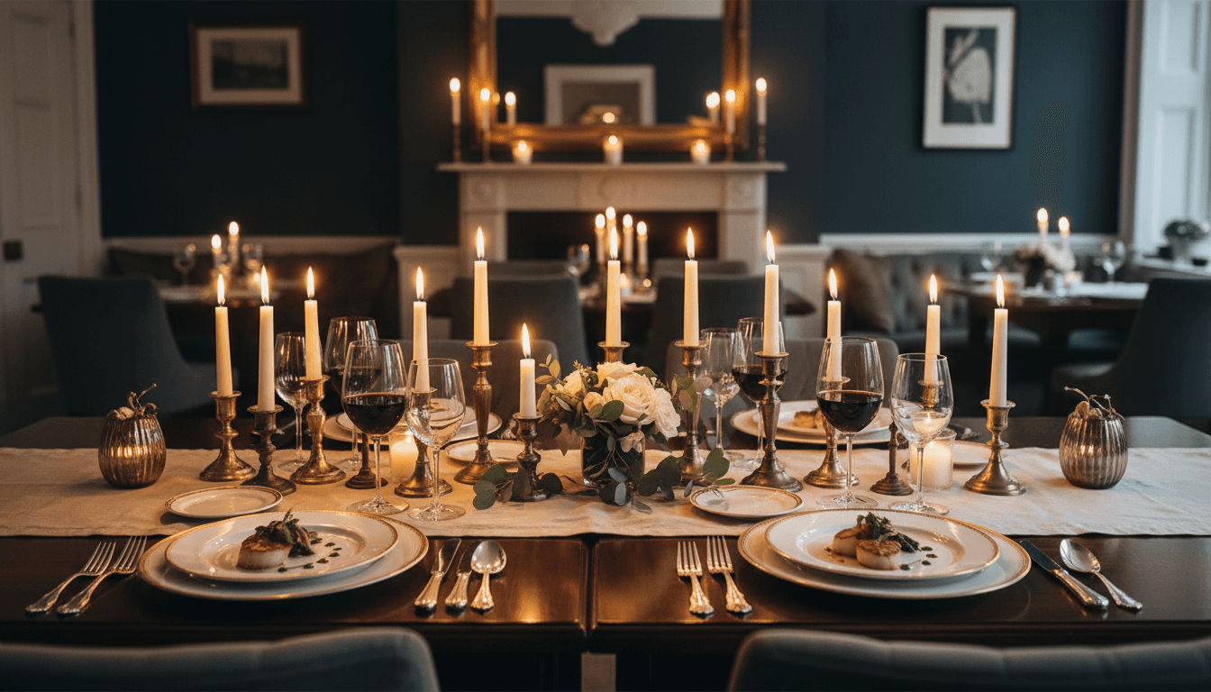 Intimate candlelit dinner table with elegant plating and warm lighting