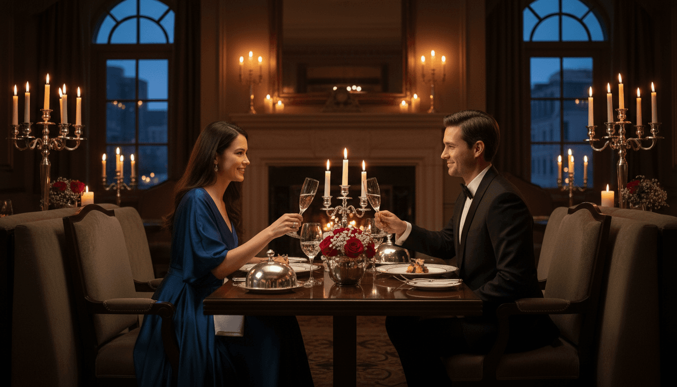 Intimate dinner setting with soft candlelight and elegant table setup
