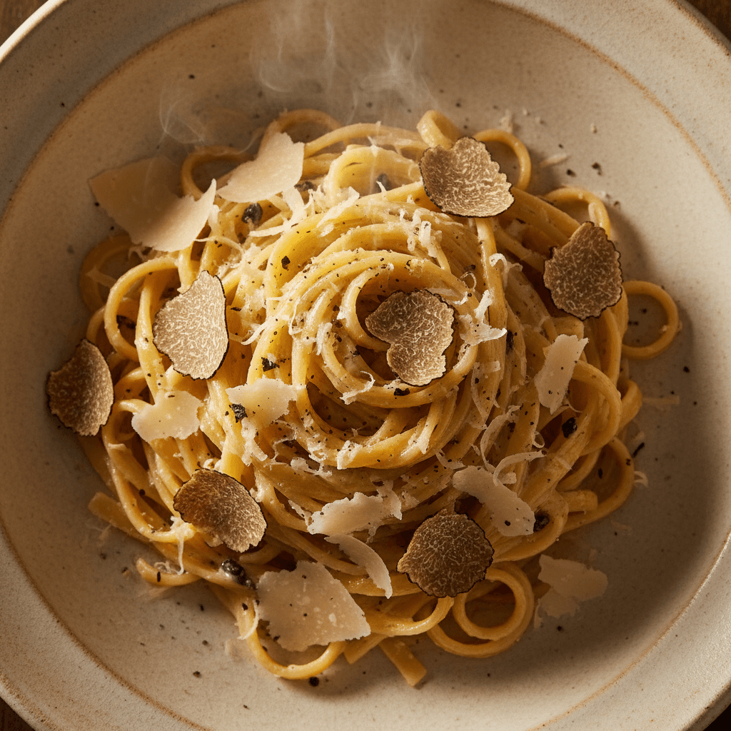 Fresh fettuccine pasta with truffle butter and Parmigiano-Reggiano