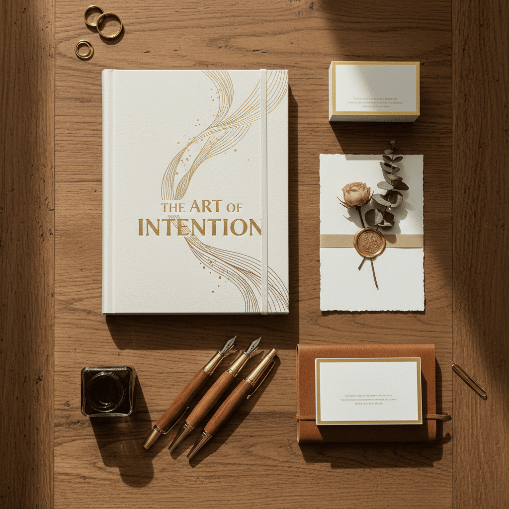 Luxury printed workbooks and connection tools arranged for continuation of intimacy practice