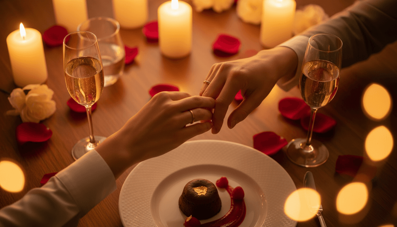 Couple's hands touching across an elegantly set intimate dining table with candlelight and champagne