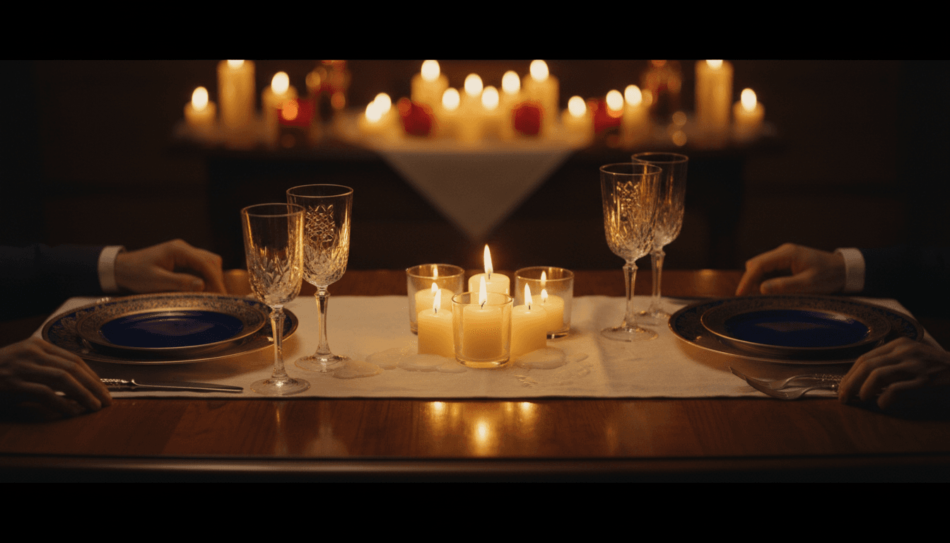 Candlelit dinner table for two with soft warm lighting and elegant place settings