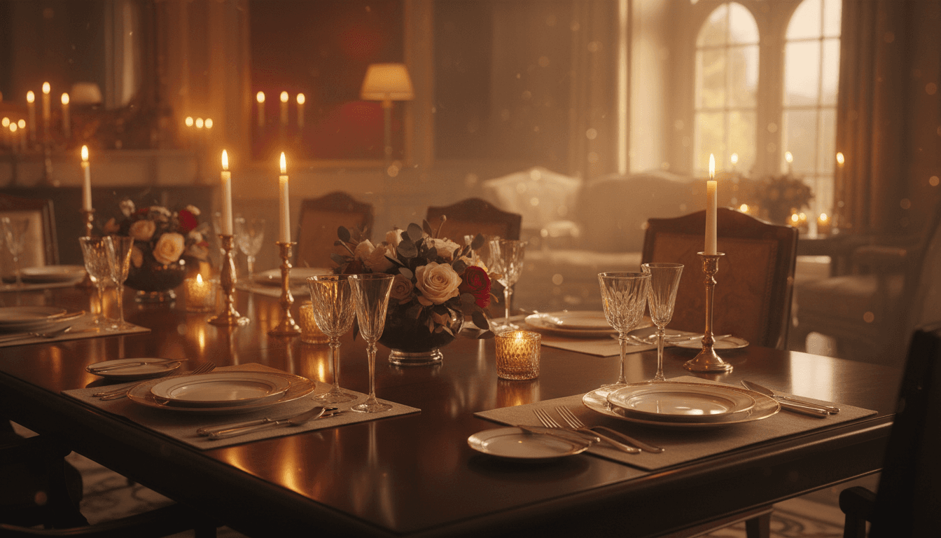 Elegant candlelit dinner table set for two with fine glassware and floral arrangement