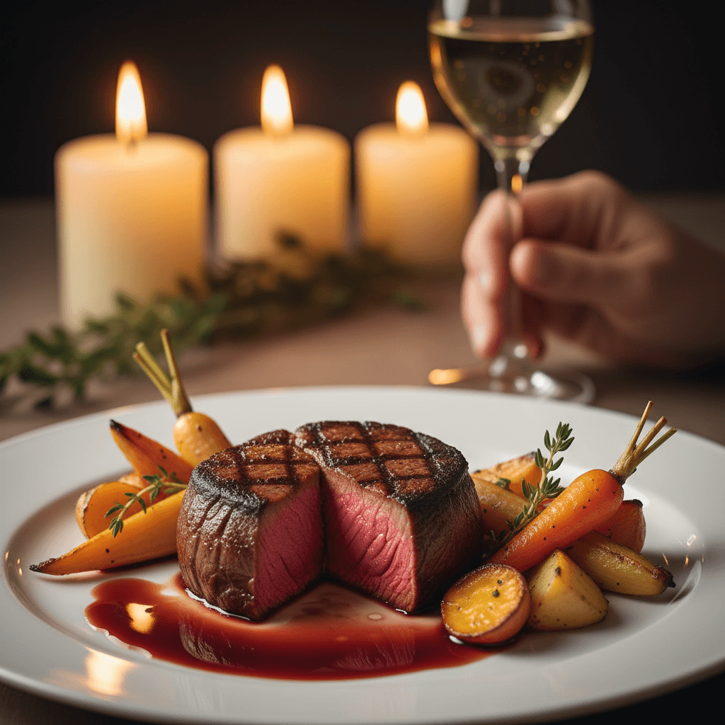 Filet mignon with red wine reduction and roasted vegetables