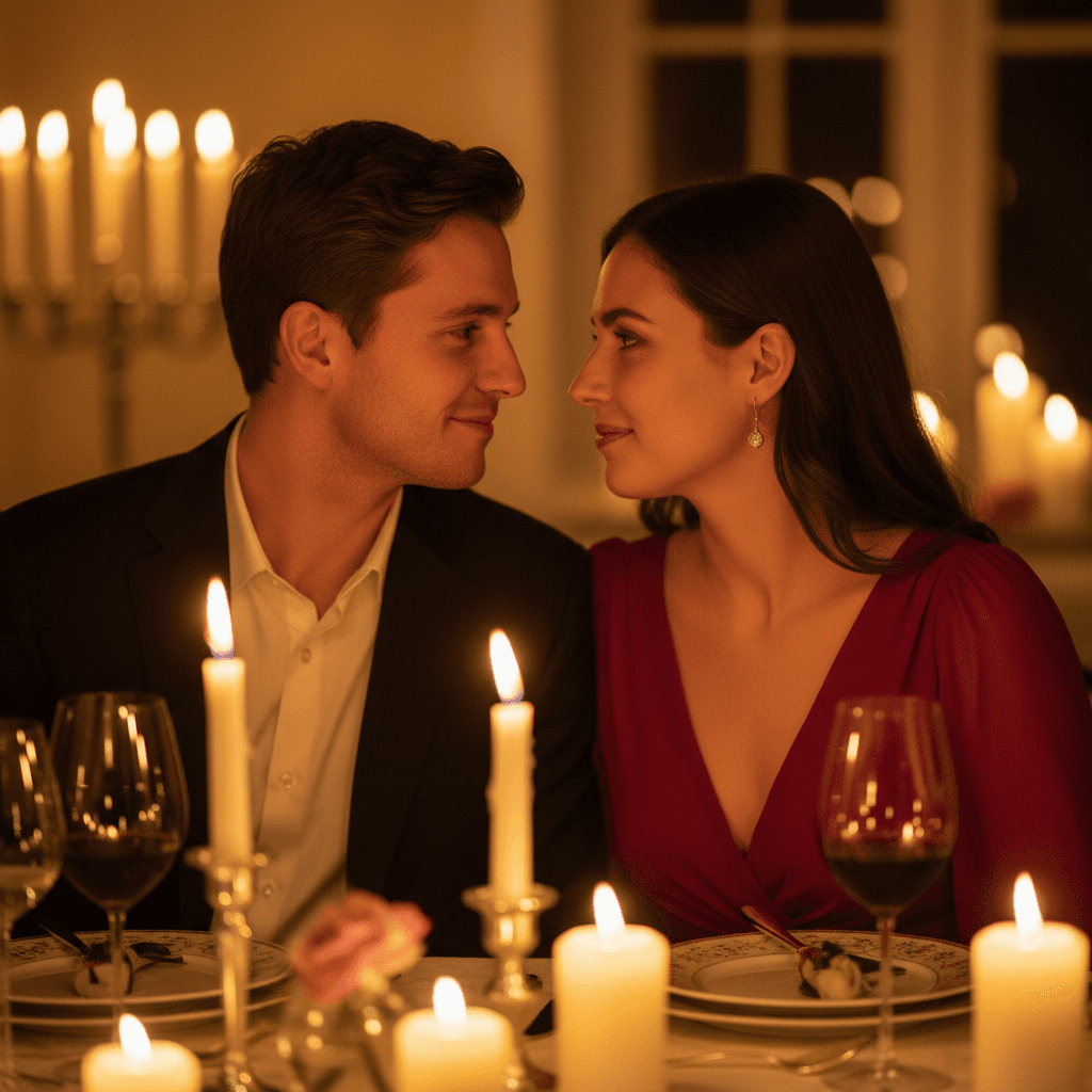 Couple sharing meaningful eye contact during intimate dinner