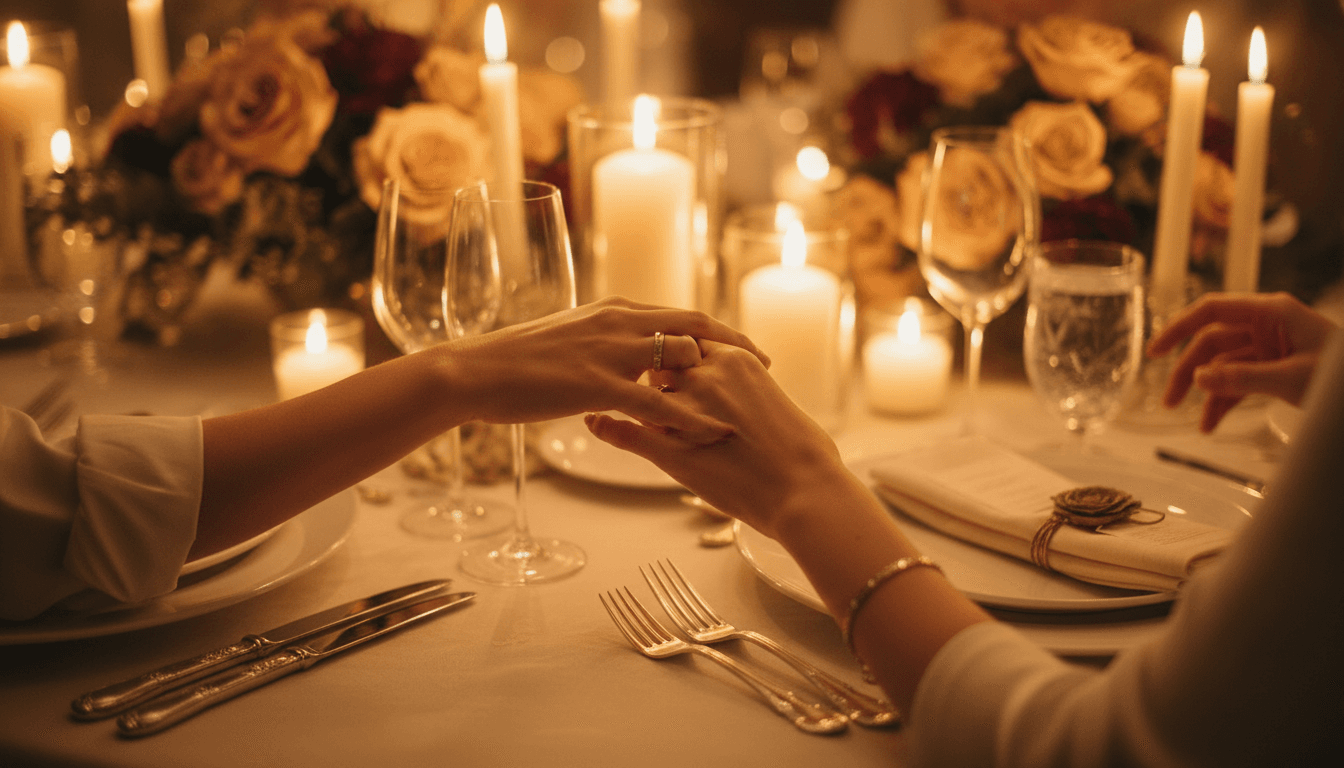 A couple's hands touching gently across a candlelit dinner table, symbolizing emotional connection and intimacy