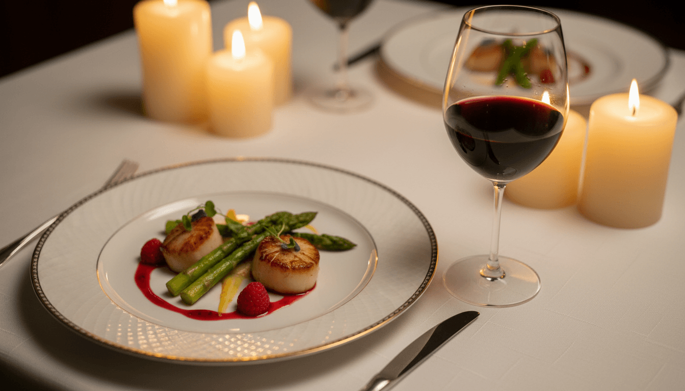 Elegantly plated intimate dining course with candlelight and wine