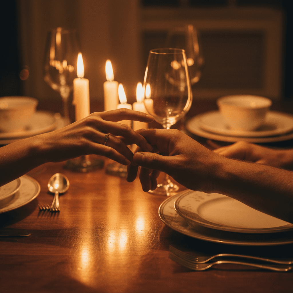 Couple's hands sharing a gentle intentional touch across the table