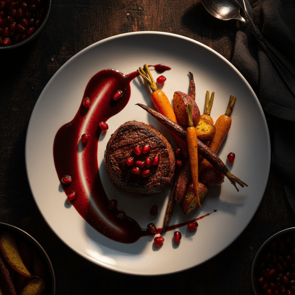 Pan-seared filet with pomegranate reduction and roasted vegetables
