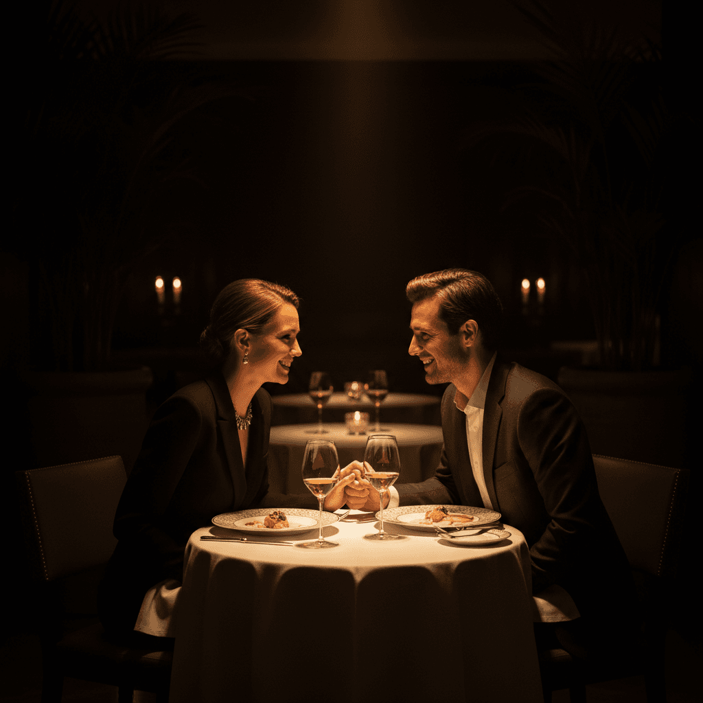 Couple dining together without phones, fully present with each other