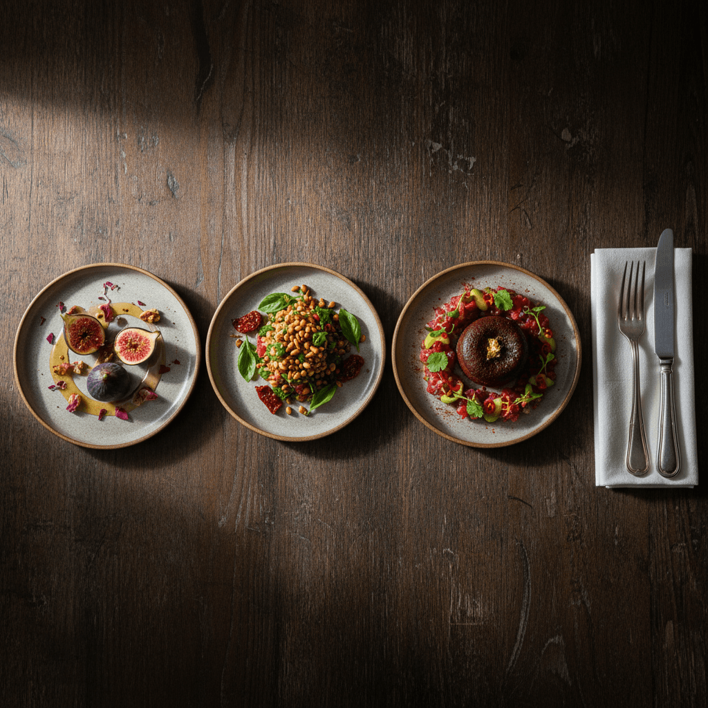 Four-course tasting progression featuring aphrodisiac ingredients on dark wood surface