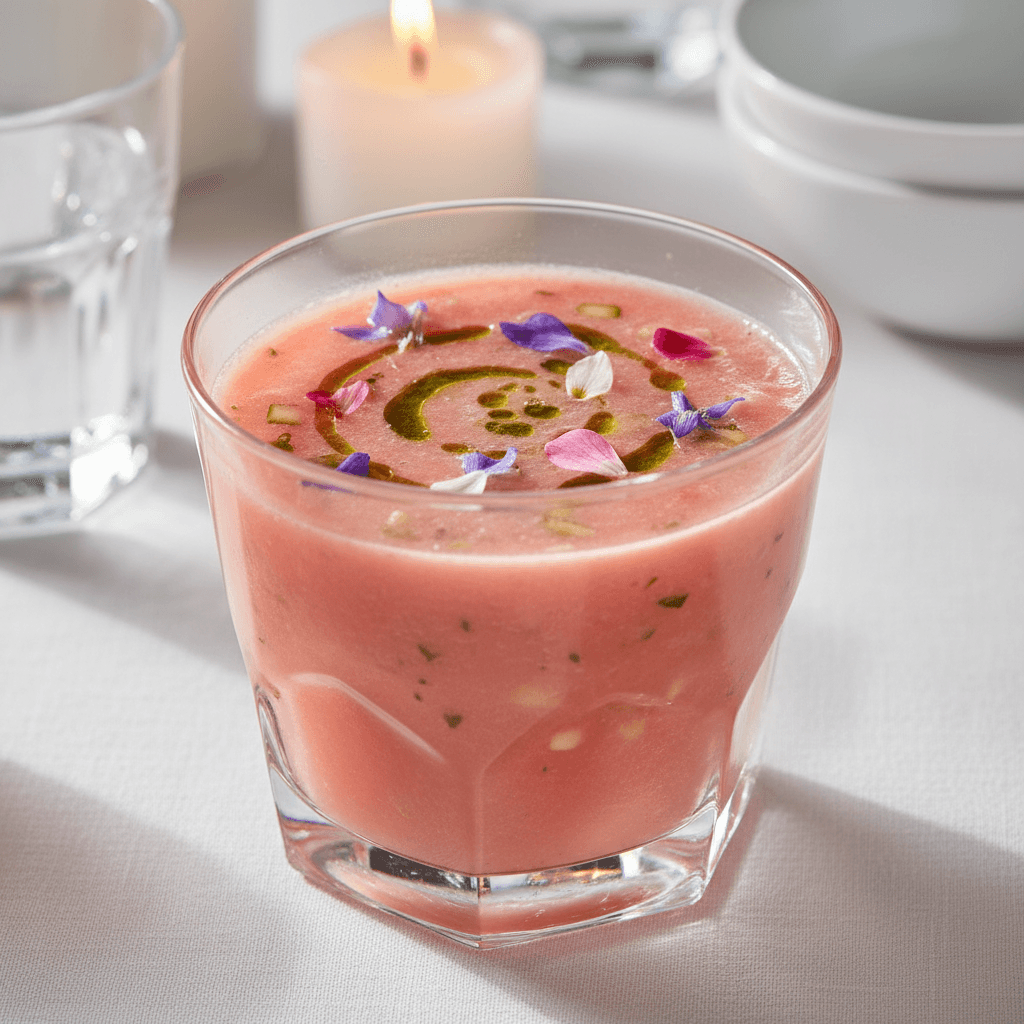 Chilled watermelon gazpacho with basil oil and edible flowers in crystal glass