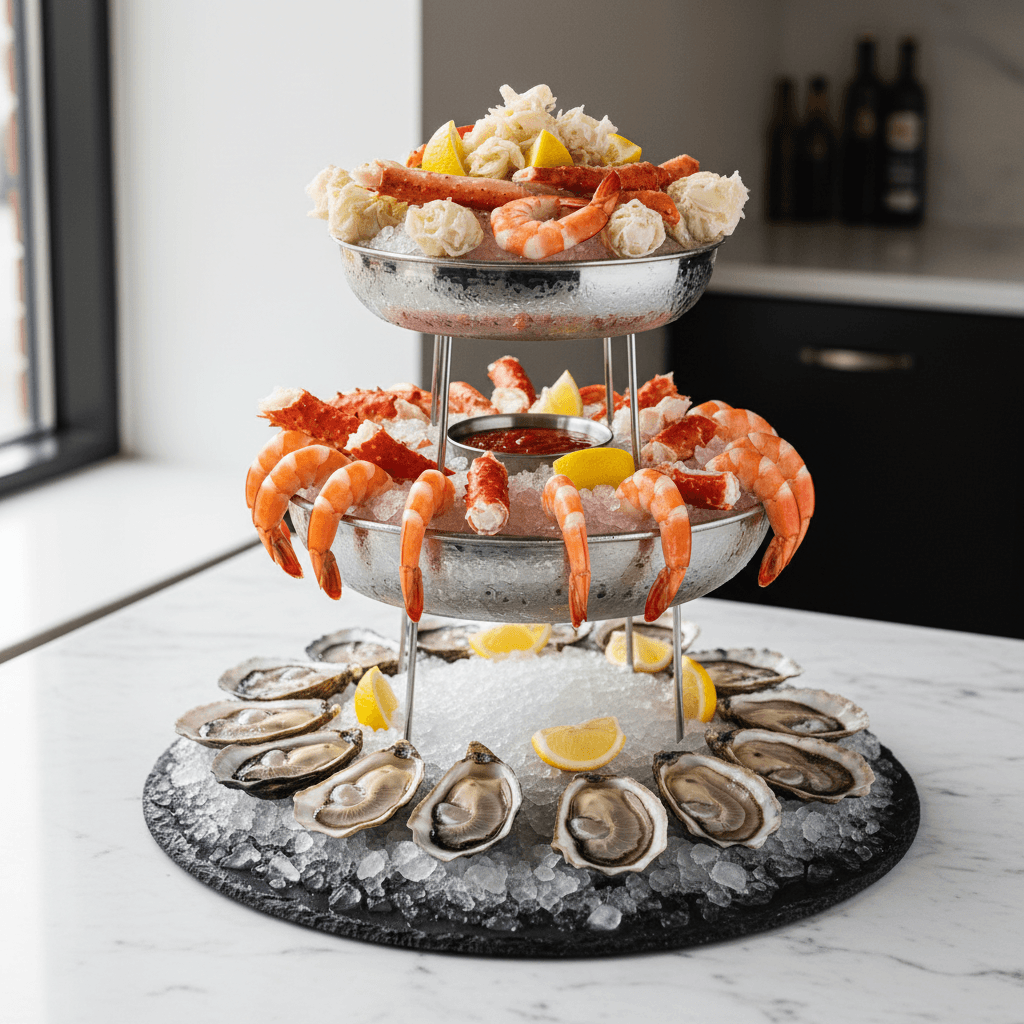 Elegant seafood tower with oysters, shrimp, and crab