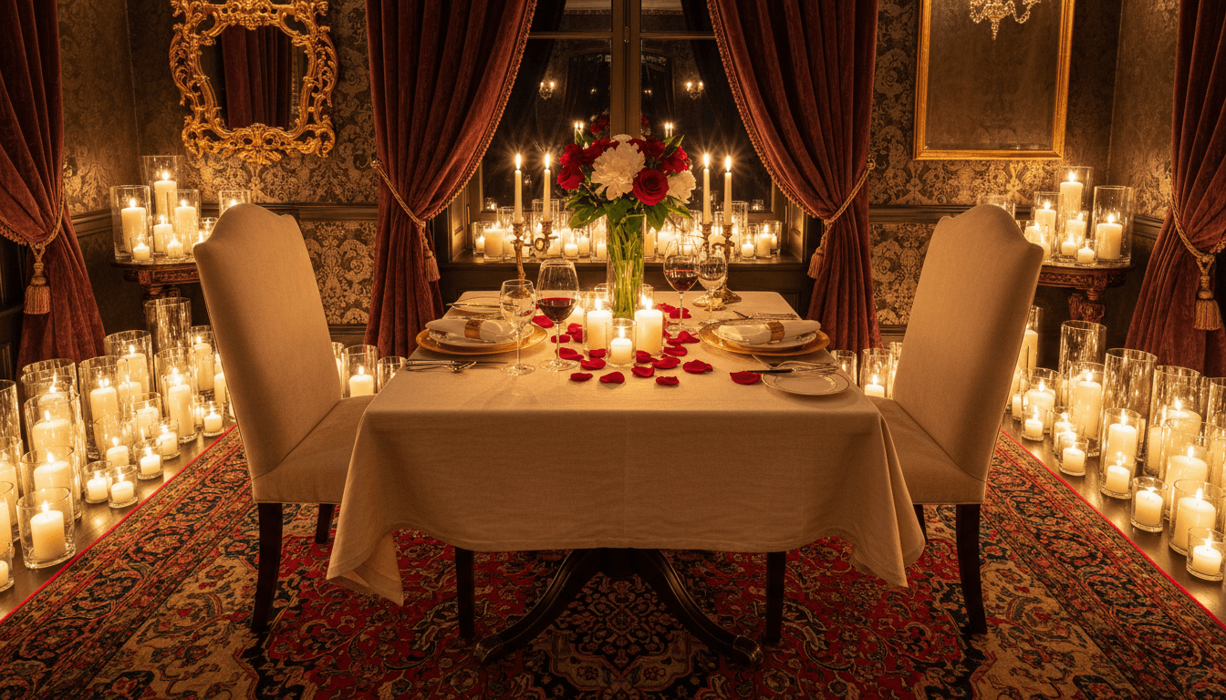 Candlelit private dining table set for two with elegant place settings and warm ambient lighting