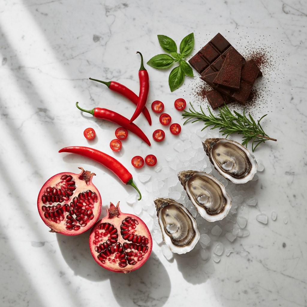 Premium aphrodisiac ingredients: pomegranate, oysters, chili, chocolate, and herbs