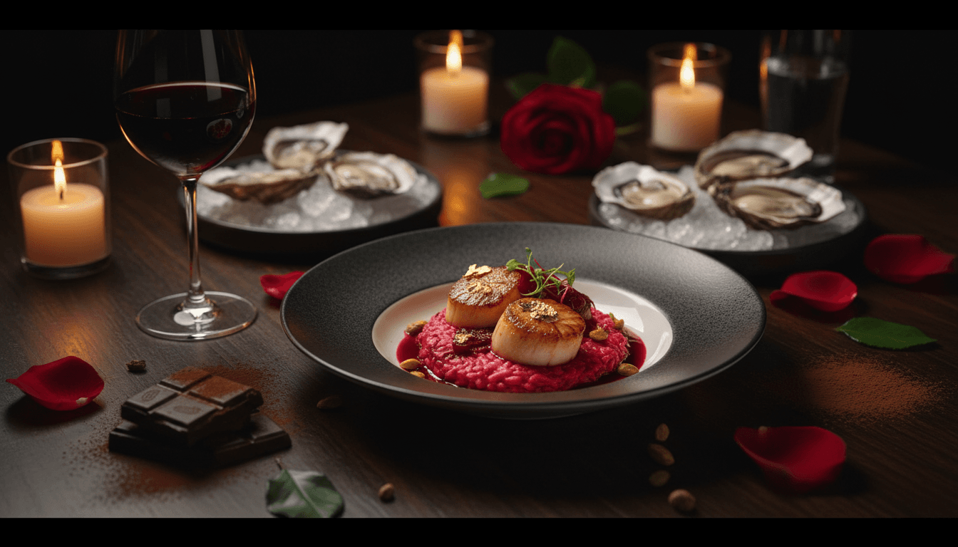 Romantic dinner setup with aphrodisiac ingredients, candlelight, and elegantly plated cuisine for intimate dining experience
