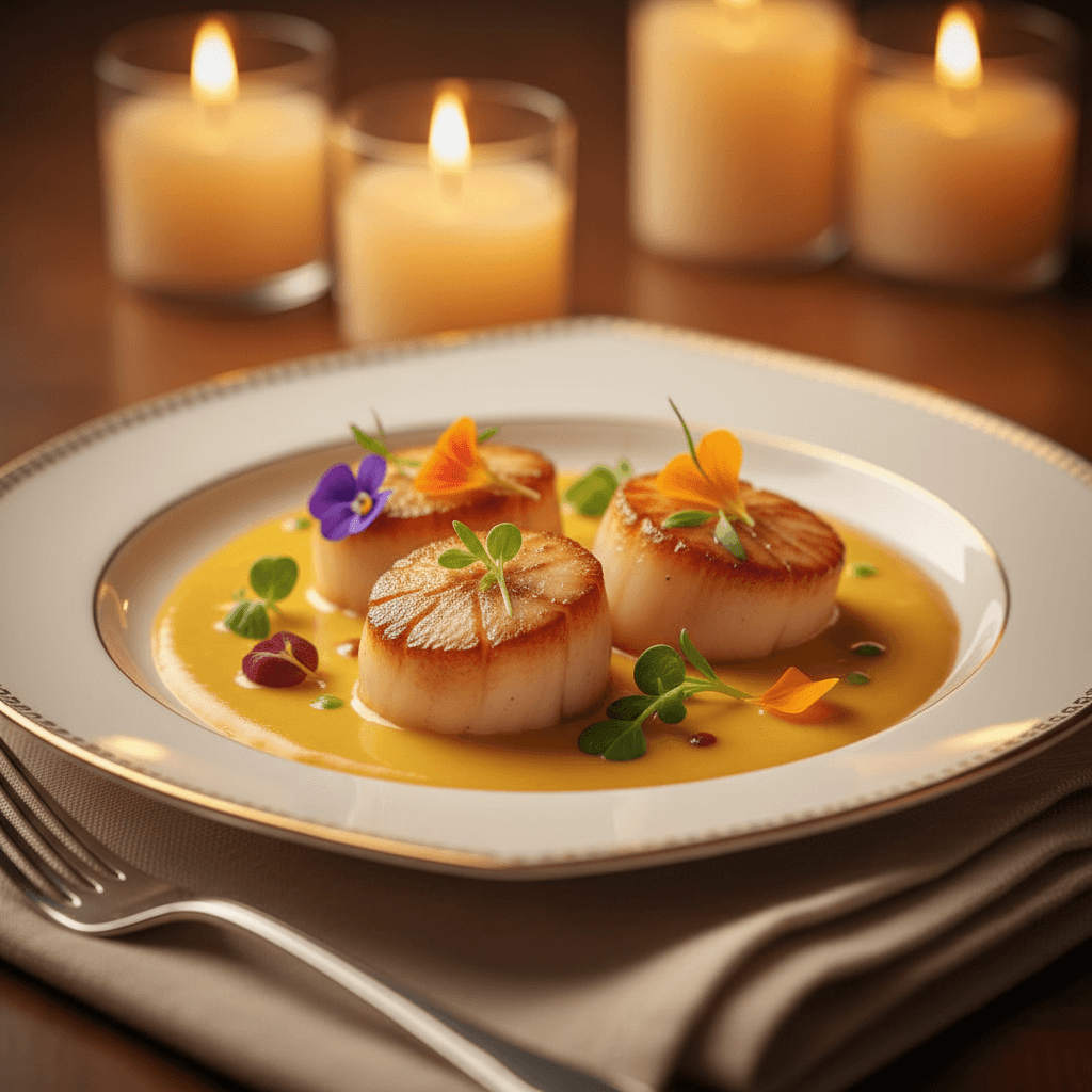 Pan-seared scallops with saffron beurre blanc and edible flowers