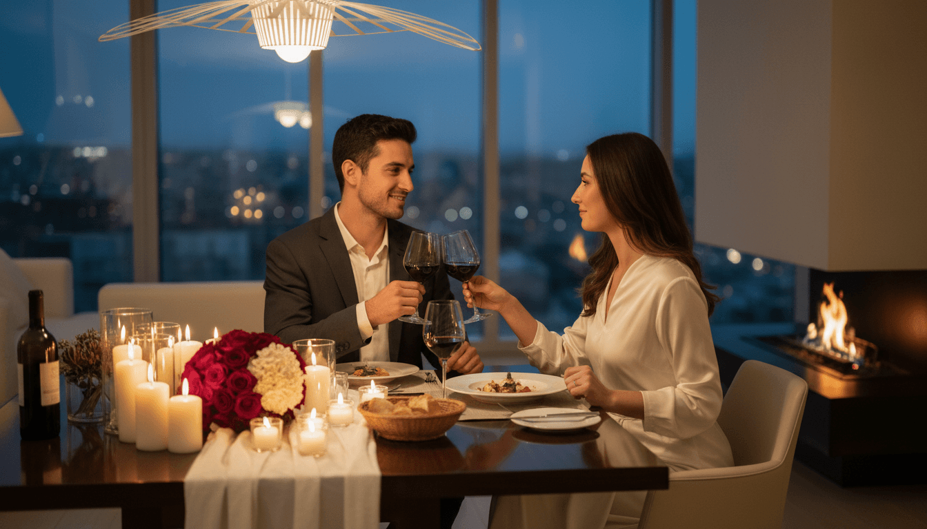 Intimate candlelit dinner setting with couple sharing a romantic meal at elegantly decorated table with ambient lighting