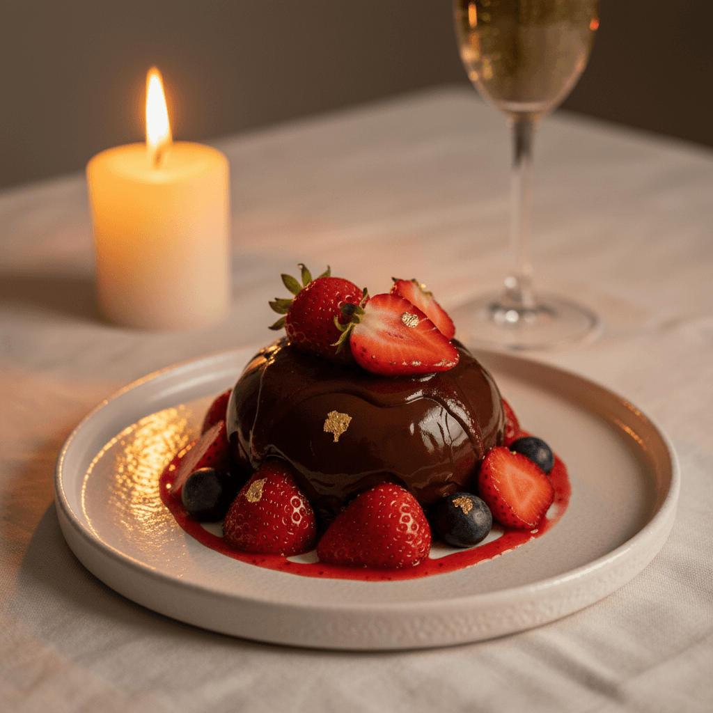 Dark chocolate and fresh strawberry dessert with gold leaf on white linen