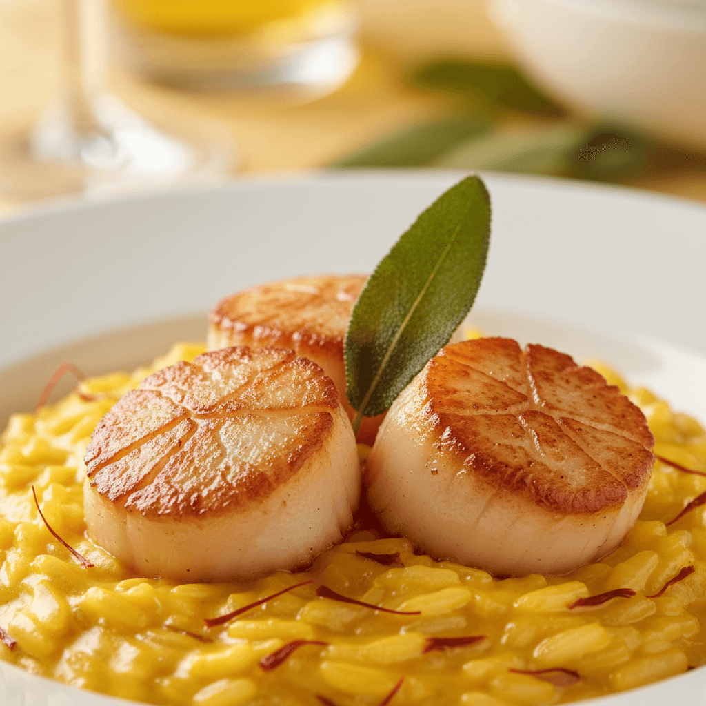 Saffron risotto with seared scallops and crispy sage leaf