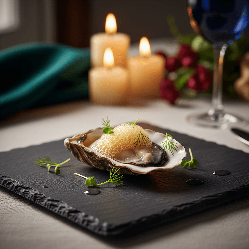 Oyster with champagne foam and fresh microgreens on dark slate