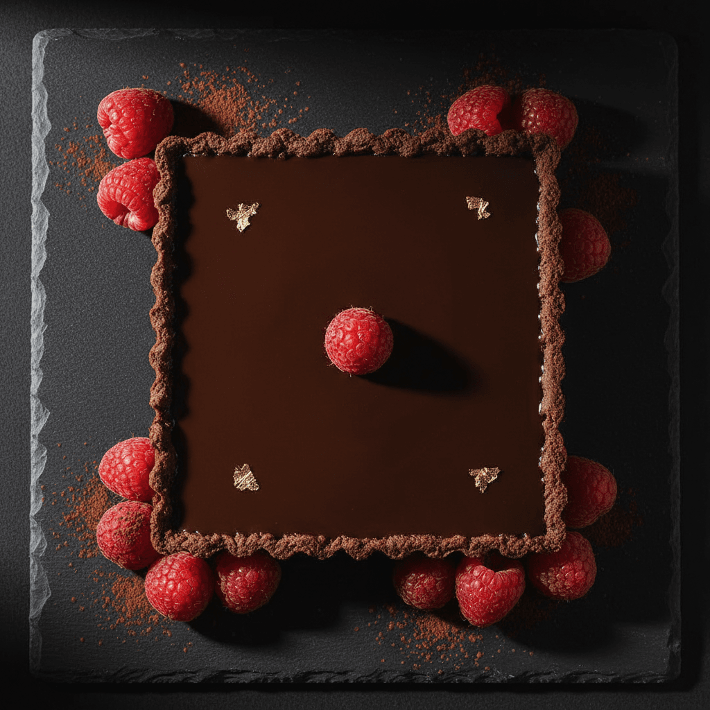 Dark chocolate raspberry tart with gold leaf garnish