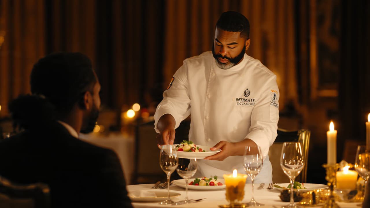 Professional chef serving a gourmet dish at a candlelit table in an upscale restaurant.