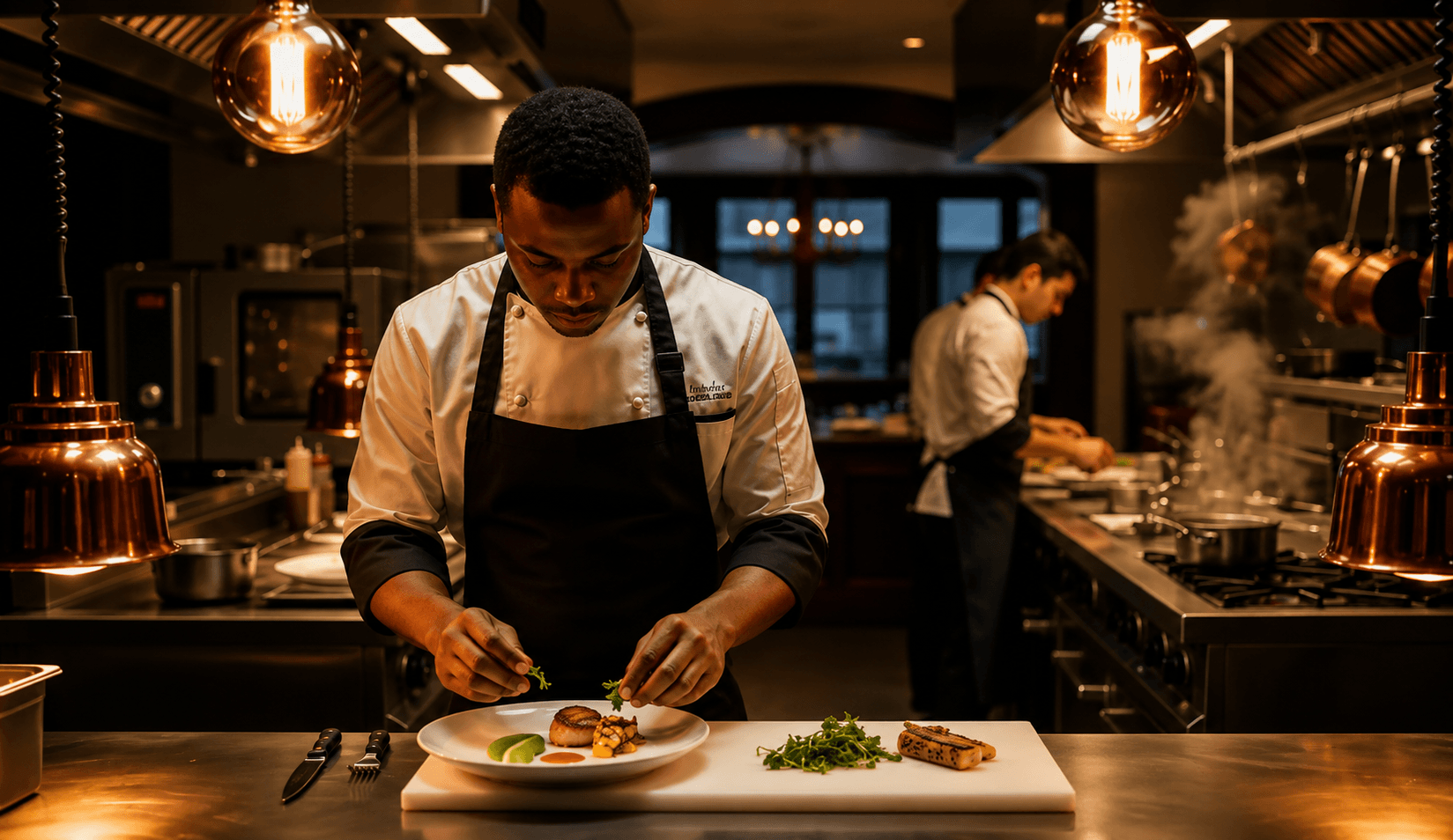 Focused chef meticulously garnishing a gourmet plate in a professional kitchen under warm ambient lighting.
