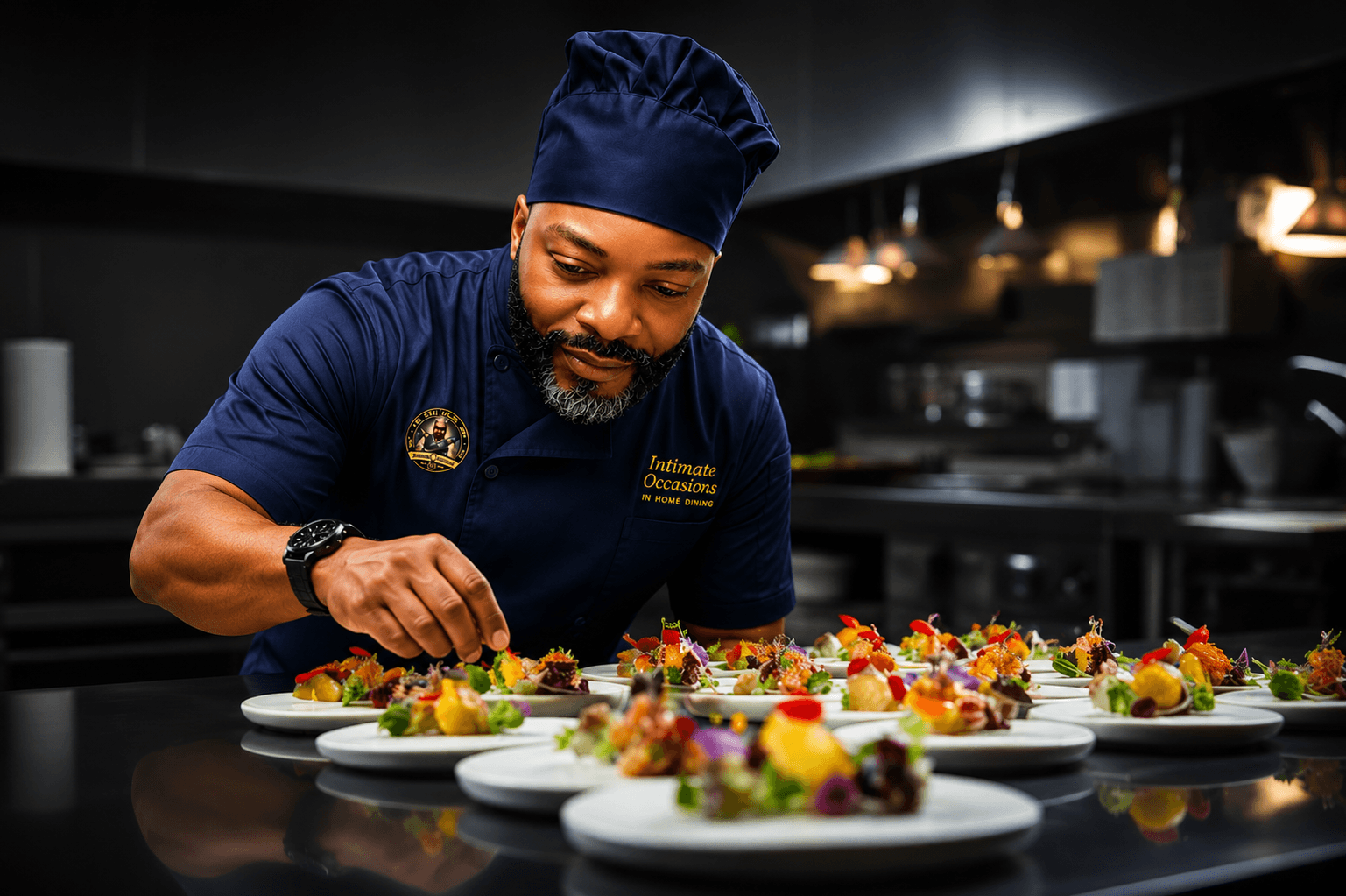 Chef in blue uniform meticulously garnishing several colorful gourmet appetizers in a professional kitchen.